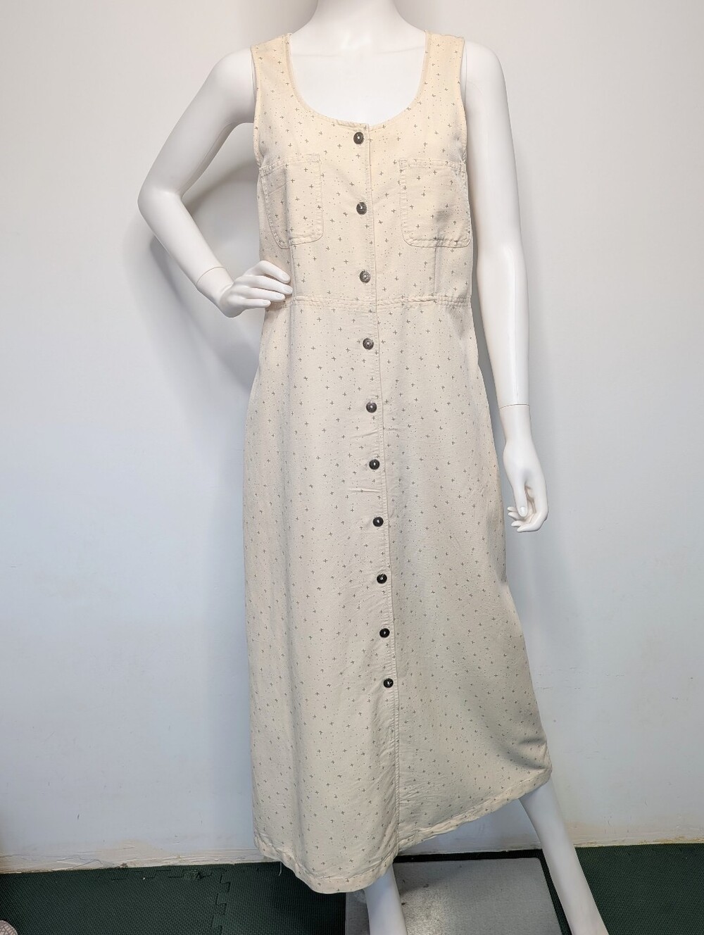 90s Cream & Gray Cross & Dot Pattern Button Up Sleeveless Tank Style Maxi Dress